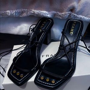 Black Leather Strap Heel Sandal Frame Le Doheny